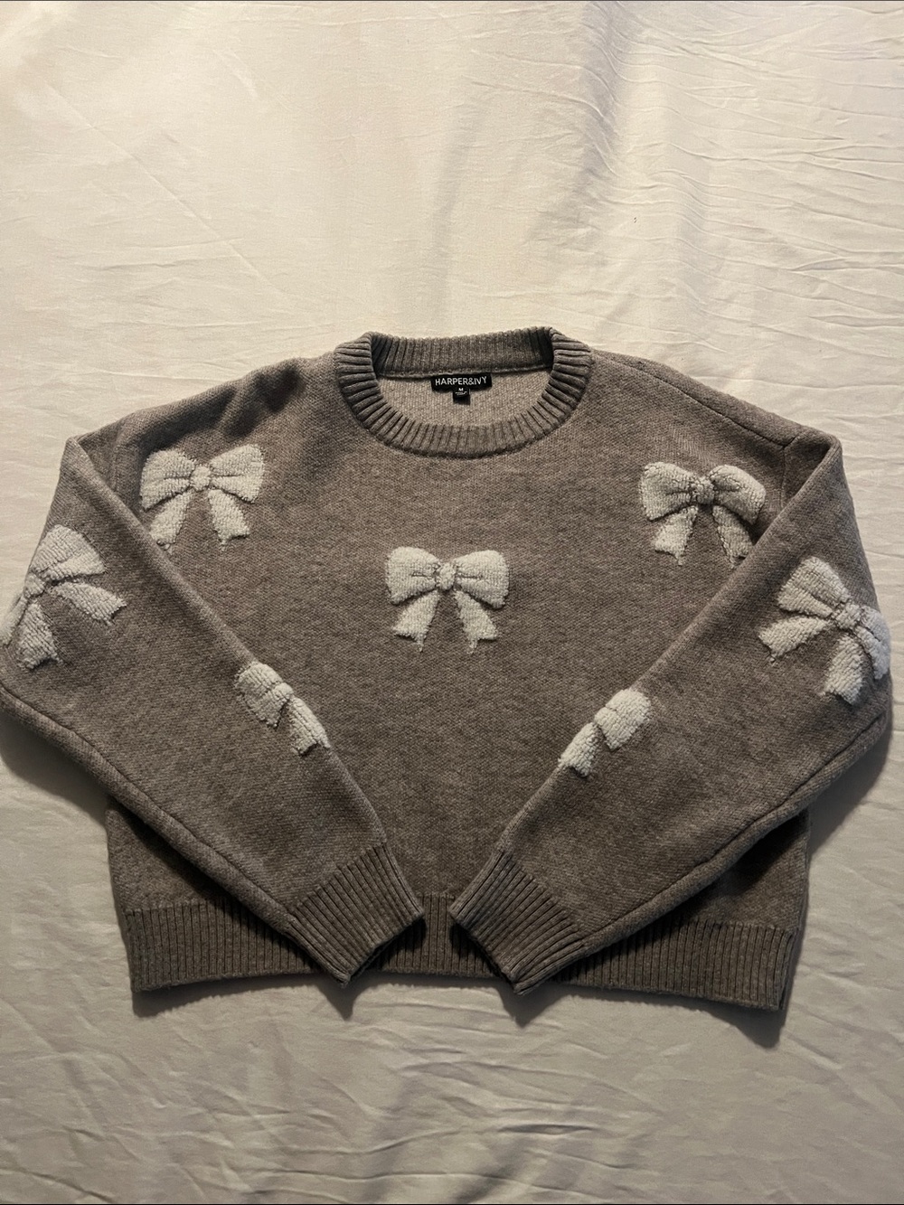 Harper Gray Crewneck Sweater with Cream Bow Accents